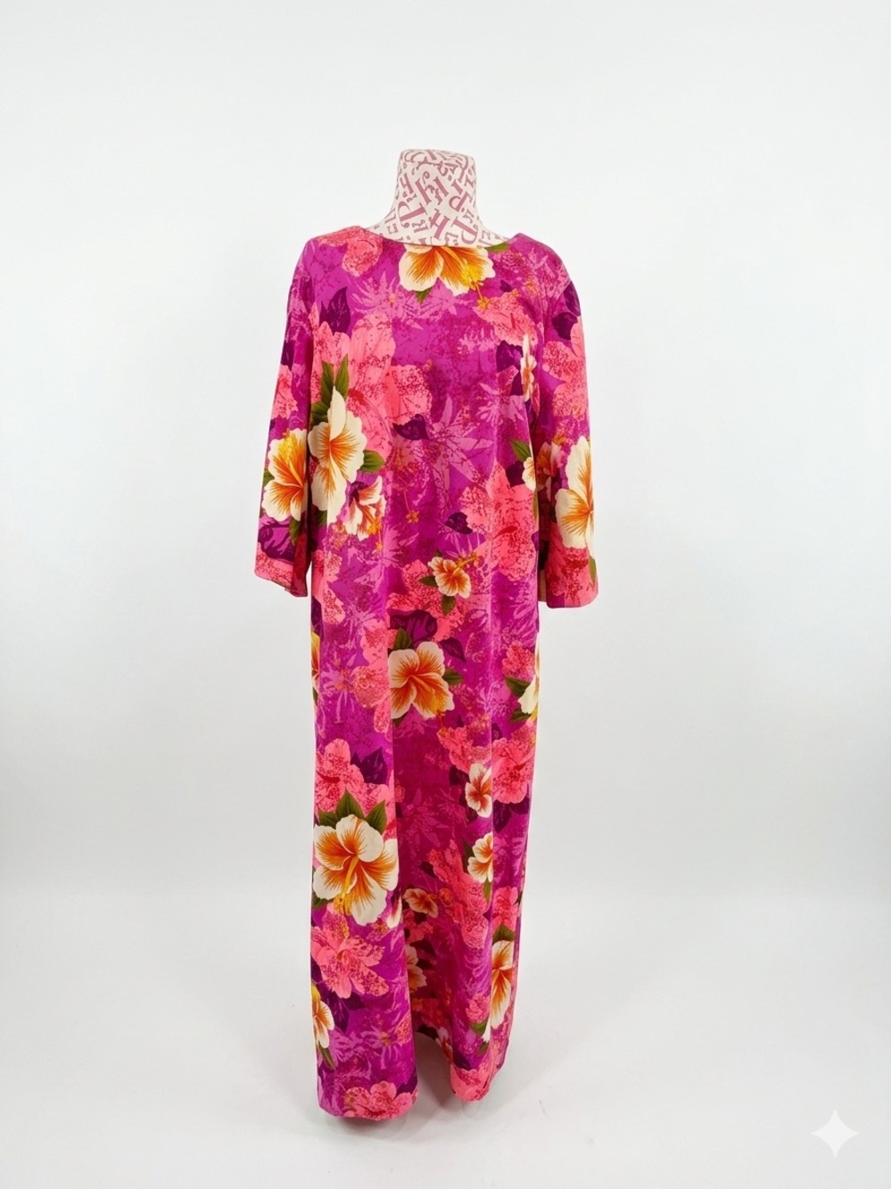 1960s HUKILAU FASHIONS MuuMuu Maxi Dress Pink Fuschia Hibiscus Barkcloth L